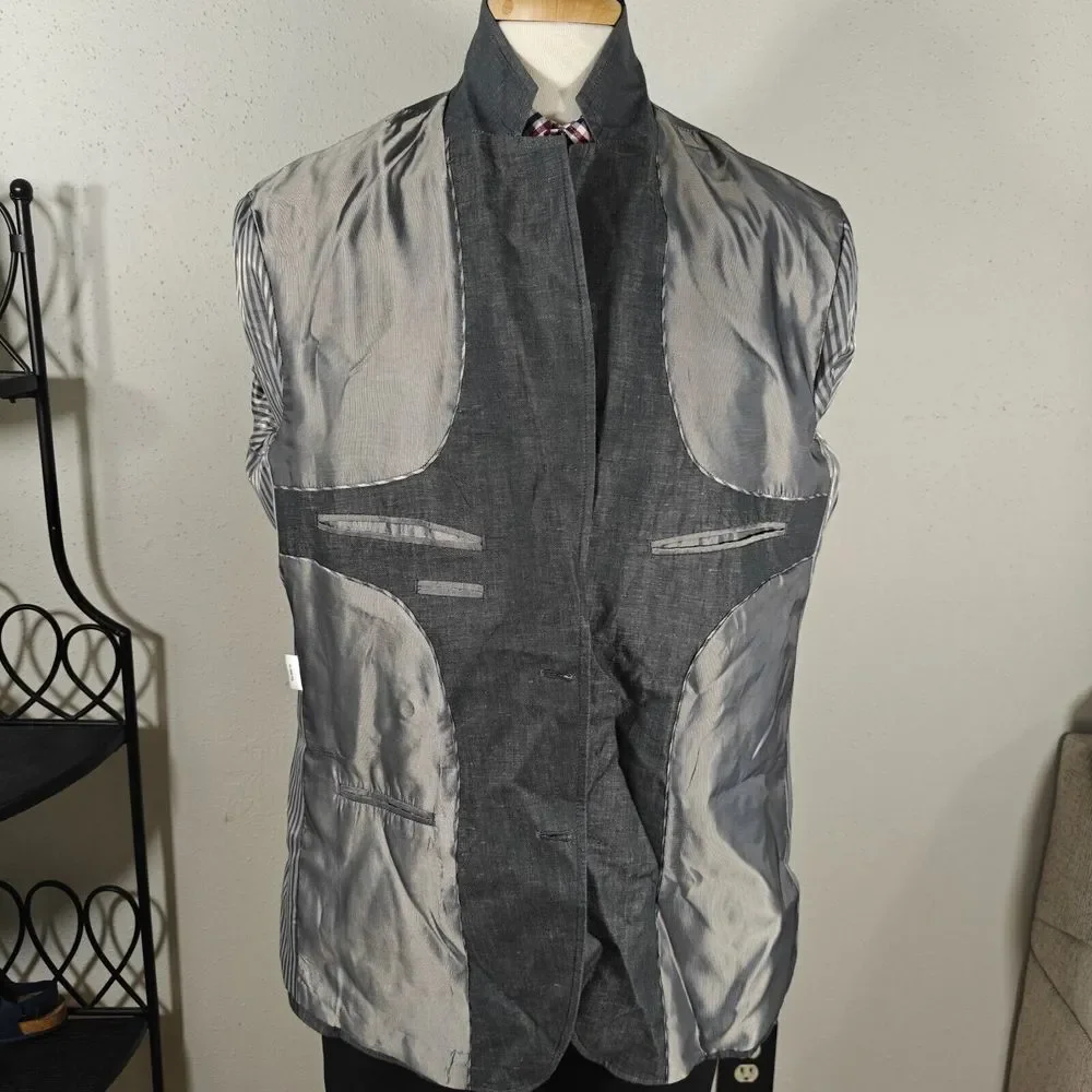 Pronto‎ Uomo Blue Men's Sport Coat Blazer Two Button Gray Linen Cotton Size XL